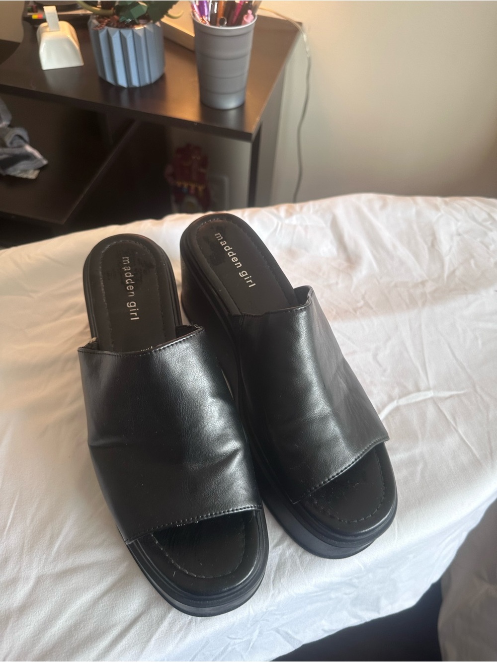 Madden Girl Black Leather-Look Slide Mules